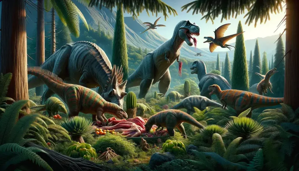 Mesozoic Era's diversity: Carnivorous T-Rex, herbivorous Apatosaurus, omnivorous Iguanodon.