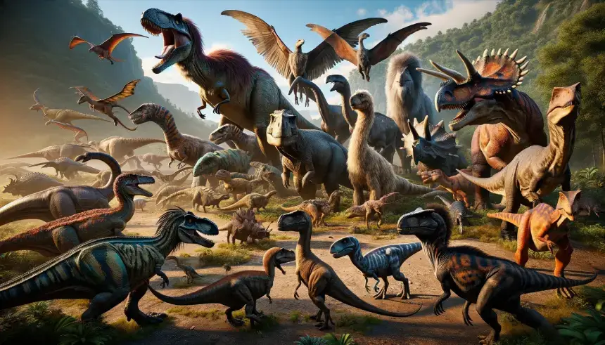 Diverse dinosaurs in a prehistoric landscape, showing varied species and characteristics.