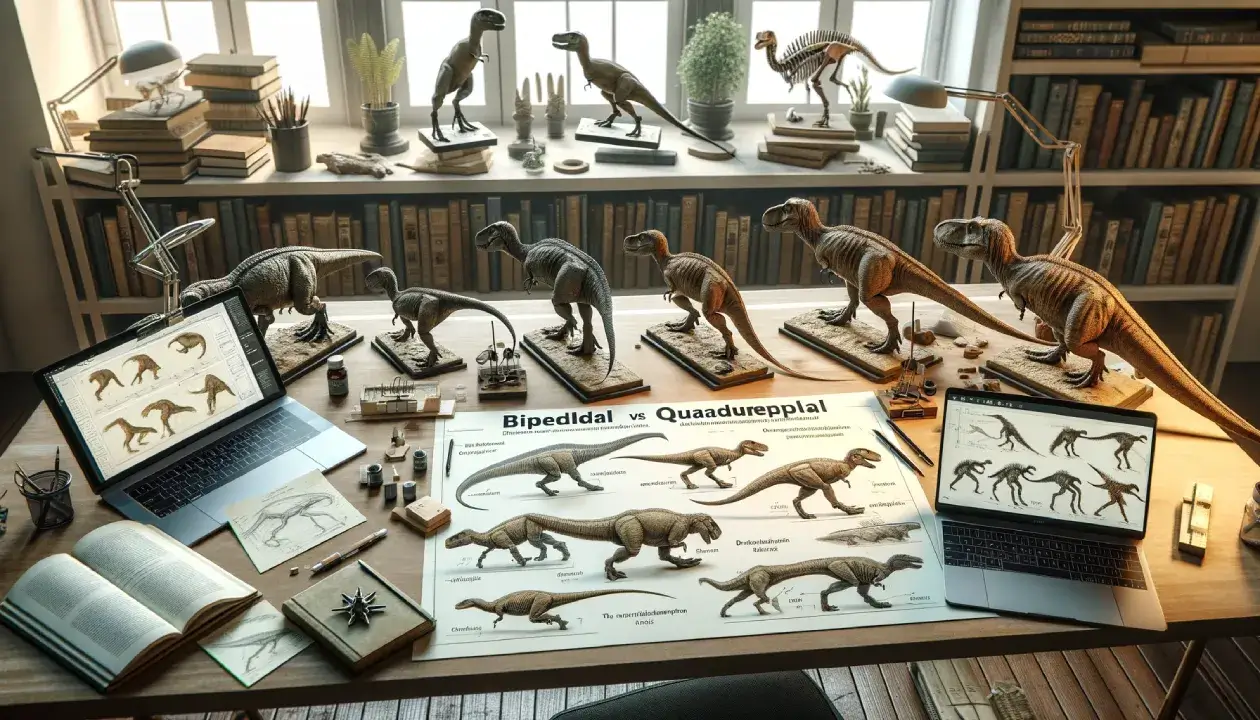 Paleontologist's desk with dinosaur research for 'how dinosaurs moved' study.