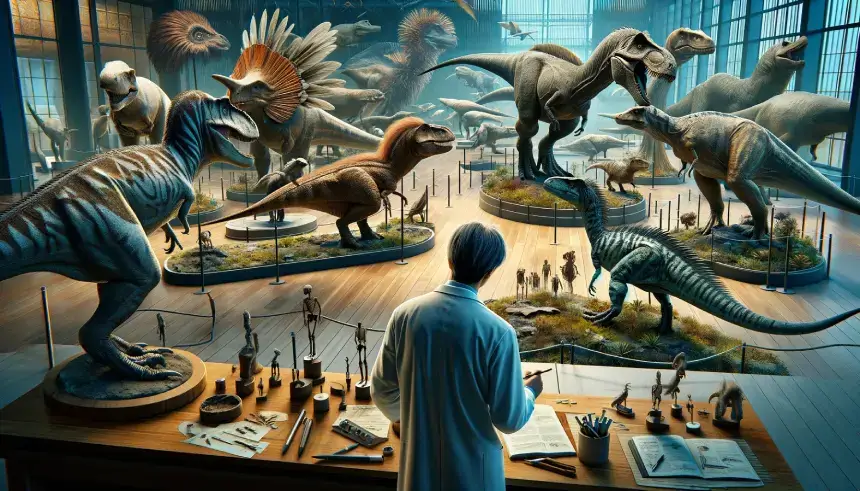 A paleontologist among models of dinosaurs, depicting what did dinosaurs look like in detail.