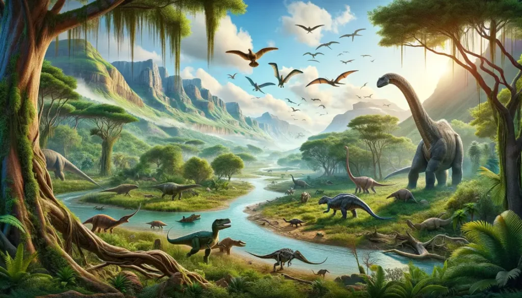 Realistic Mesozoic era landscape teeming with diverse dinosaurs.