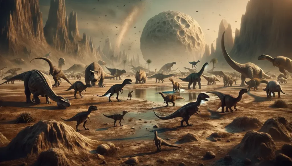 Dinosaurs gather at a vanishing water hole, prehistoric extinction looms.