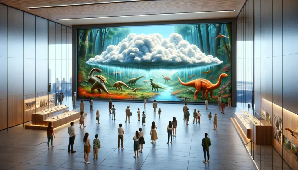 Visitors viewing prehistoric exhibit with dinosaurs at a museum.