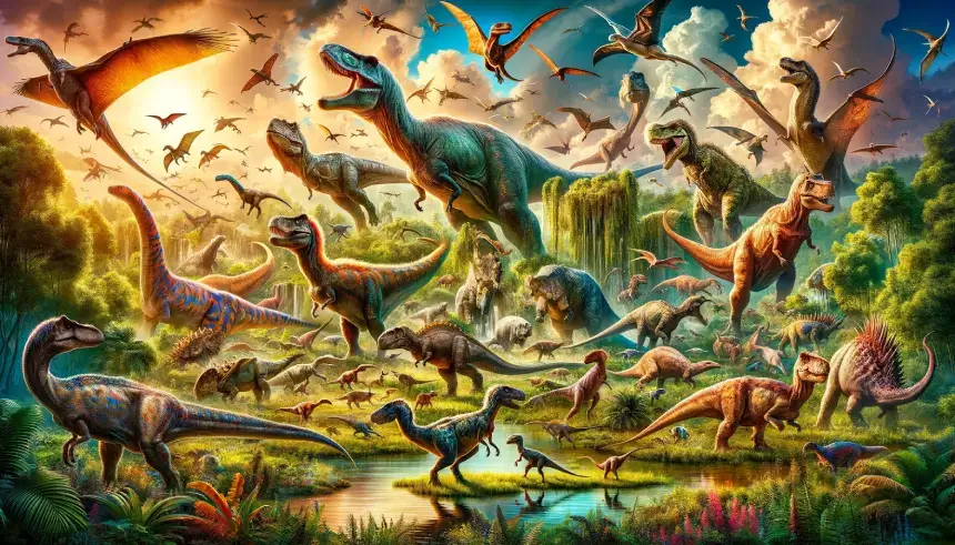 Illustration of diverse dinosaurs in natural habitat, showing what did dinosaurs look like.