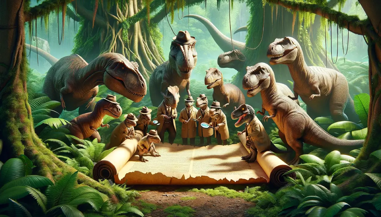 Dinosaurs as detectives investigating their extinction in a lush jungle.