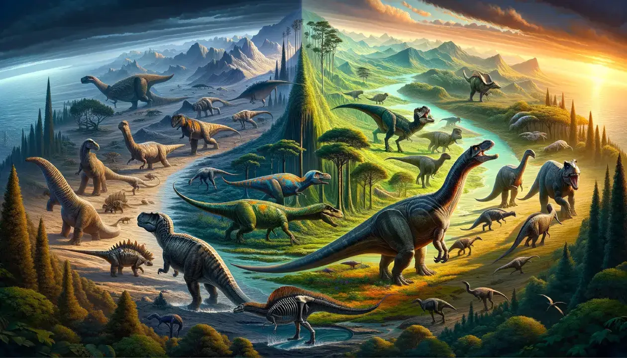 Mesozoic Era timeline with iconic dinosaurs, showcasing when did dinosaurs live.