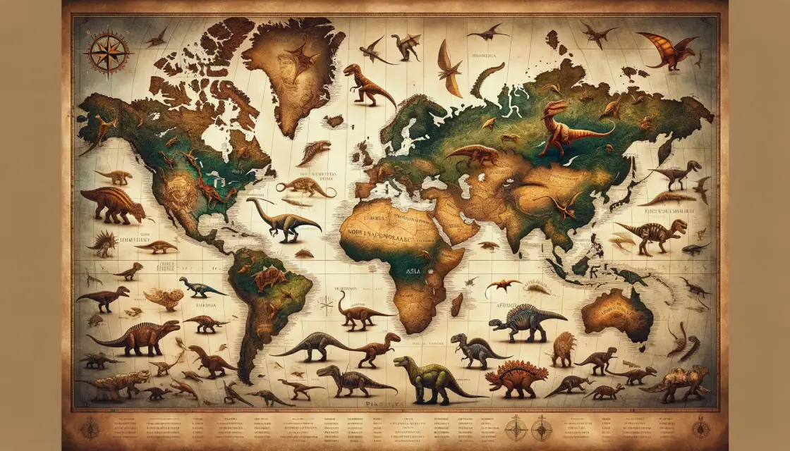 Map illustrating regions where dinosaurs once thrived globally.