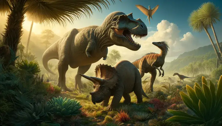 A realistic illustration of three iconic dinosaurs from the Cretaceous period, featuring a Tyrannosaurus rex, Triceratops, and Velociraptor in a lush prehistoric landscape.