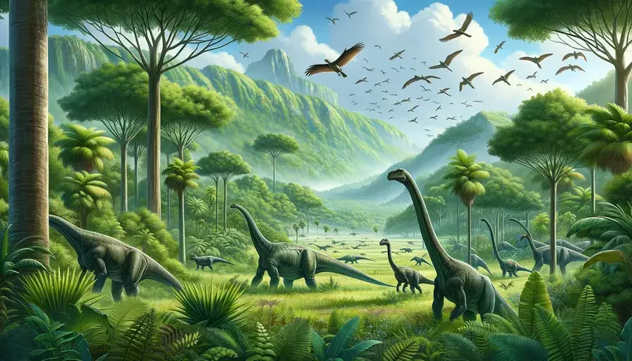 A lush Cretaceous landscape with sauropods grazing and winged reptiles soaring overhead.