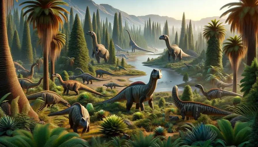 Titanosaurs in their natural Late Cretaceous habitat with lush vegetation and a vast inland sea in the background.