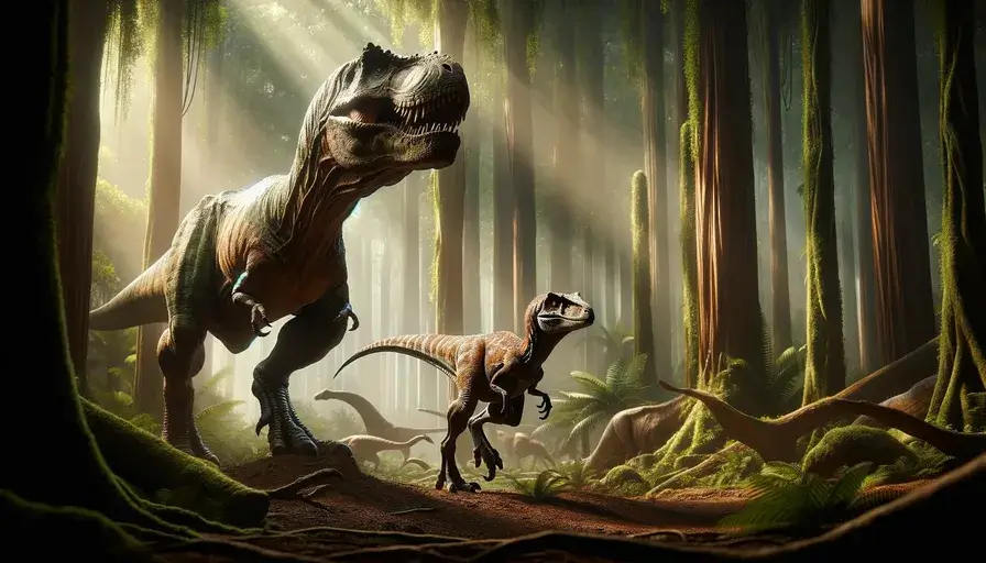 A dramatic scene depicting both a Tyrannosaurus rex and a Velociraptor in a lush Cretaceous forest, showcasing their size difference and natural behaviors.