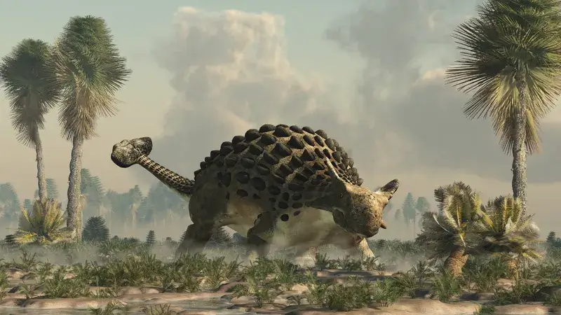 Ankylosaurus in a defensive posture in a Cretaceous environment illustration