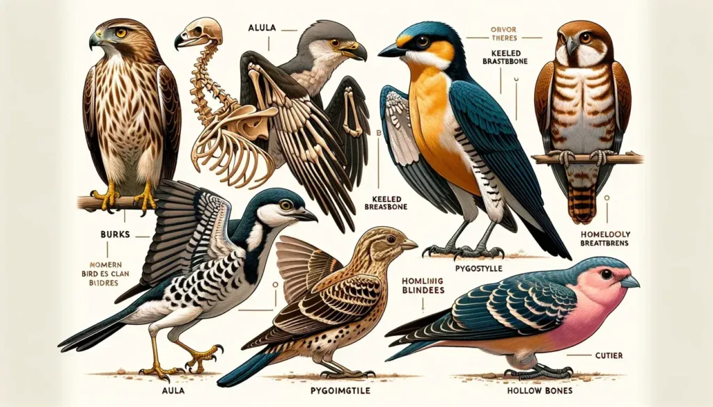Comparative depiction showing key adaptations in birds, such as the alula, keeled breastbone, pygostyle, and hollow bones, with modern birds illustrating these traits.