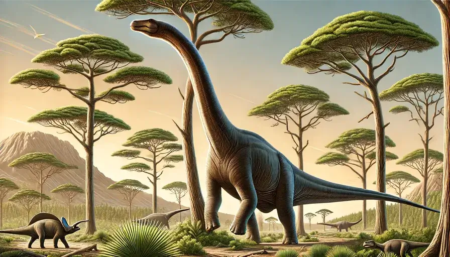 Brachiosaurus, a sauropod dinosaur, reaching up to eat from a tall tree