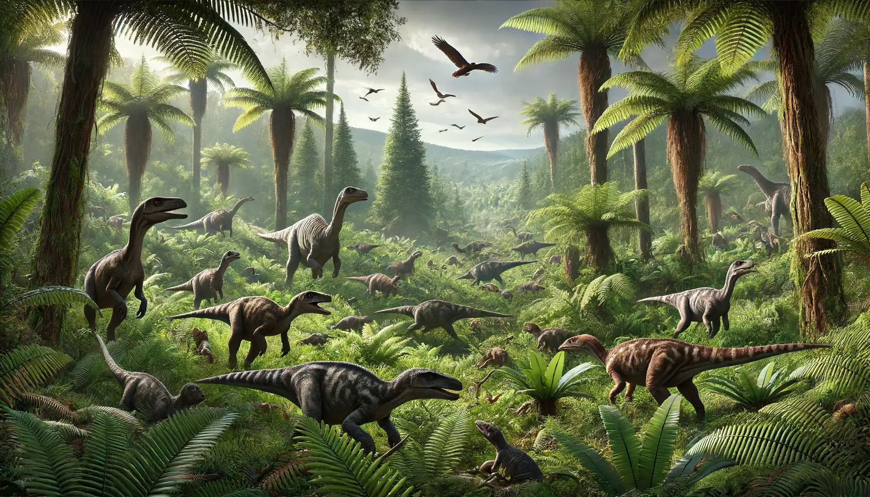 Herd of Coelophysis dinosaurs hunting in a Triassic fern landscape