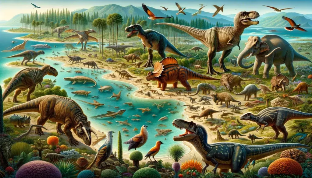 A visual representation of the Cretaceous world showing key animals like Tyrannosaurus rex, Triceratops, Velociraptor, marine reptiles, early birds, and diverse plants and insects in various habitats.
