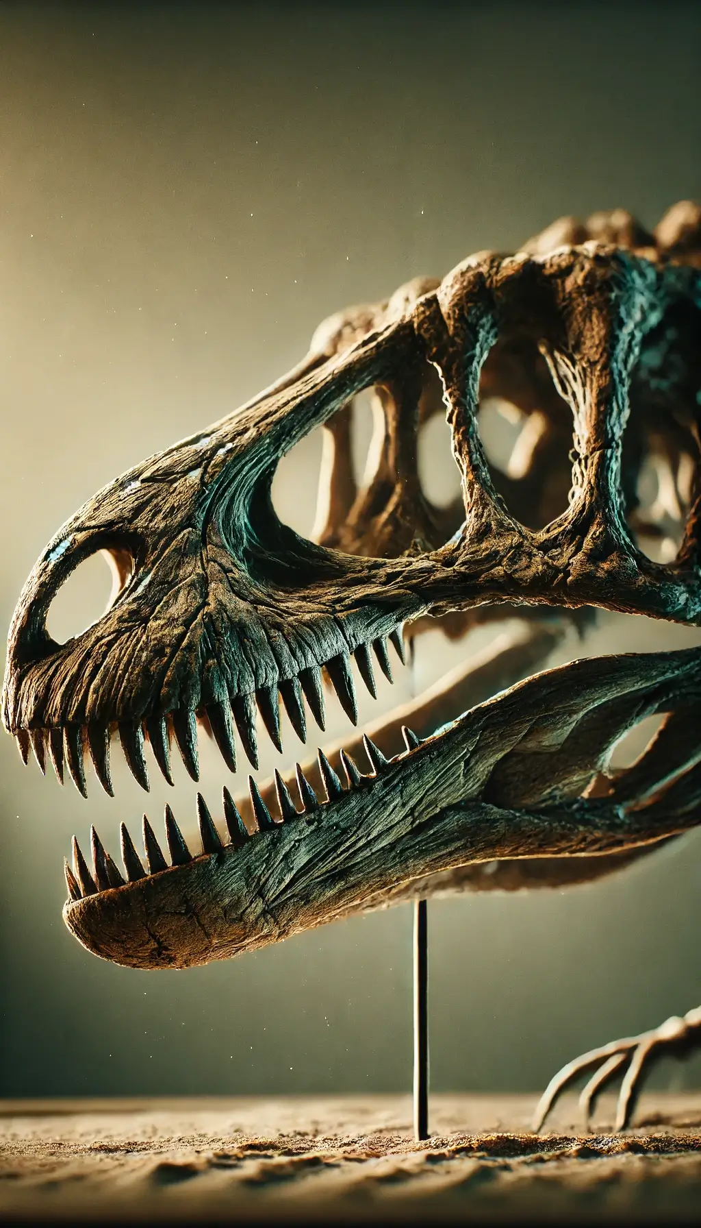 Close-up of a dinosaur fossil skull representing the scientific study of dinosaurs from different time periods.