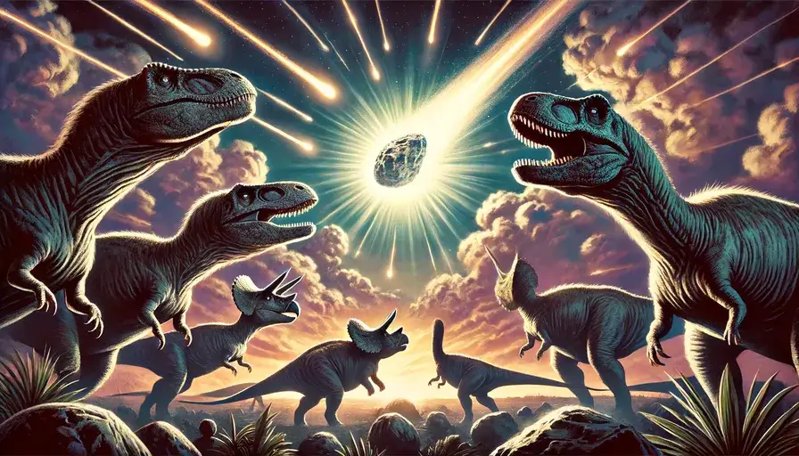 Dinosaurs looking up at the asteroid that caused their extinction in the Cretaceous period