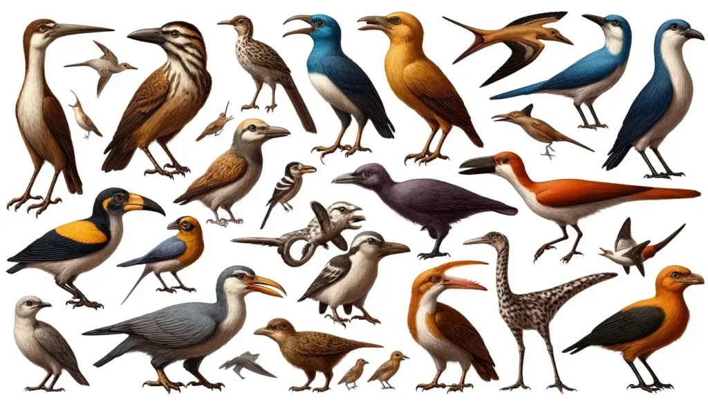 Various bird species from the Cretaceous period in a natural prehistoric environment, highlighting diversity in size, beak shapes, and adaptations.
