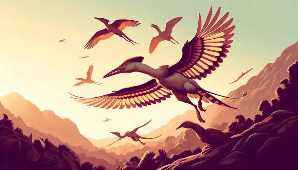 Early bird-like creatures soaring through a prehistoric landscape, showing the development of flight and wing structures