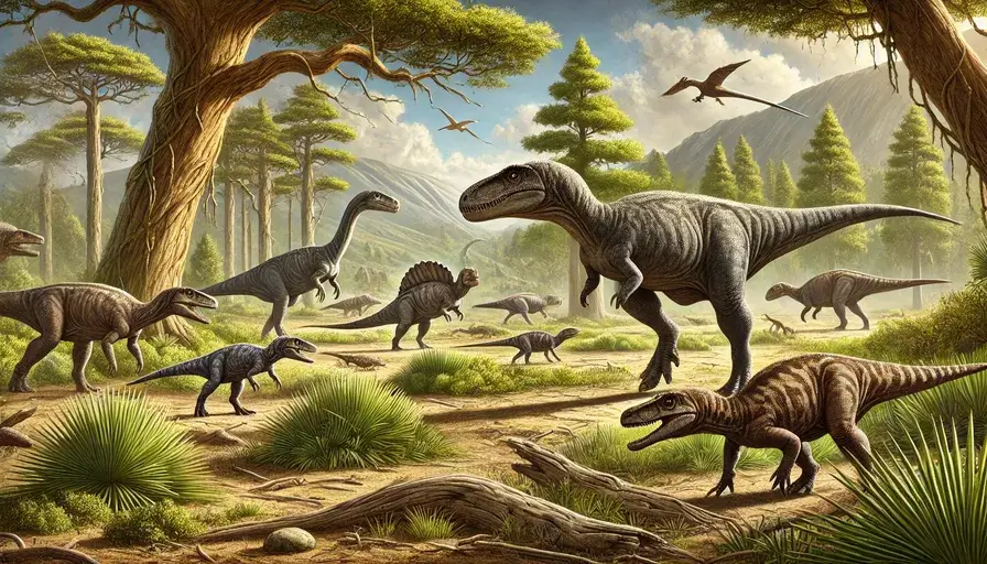 Early dinosaurs Herrerasaurus and Staurikosaurus in a Triassic landscape