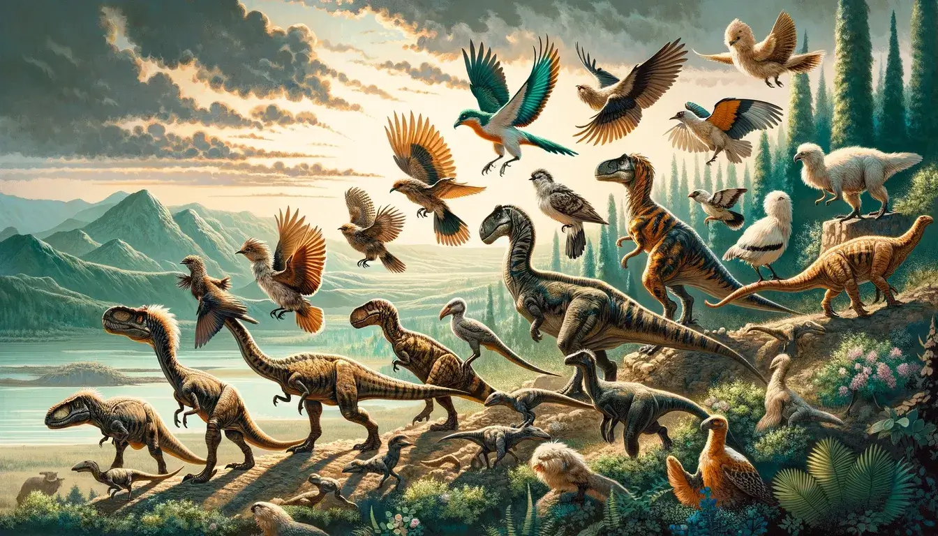 Artistic depiction of the evolution from dinosaurs to modern birds, showcasing various stages of bird evolution in a prehistoric landscape