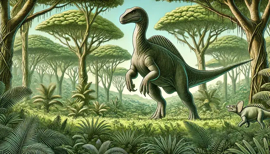 Iguanodon dinosaur walking through a Cretaceous forest on its hind legs