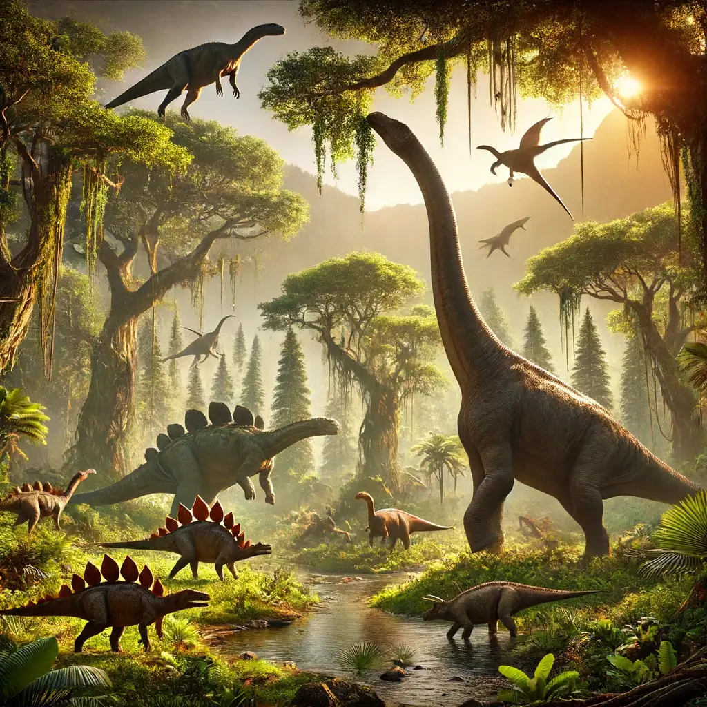 Jurassic period scene featuring Brachiosaurus and Stegosaurus dinosaurs in a lush, warm environment.