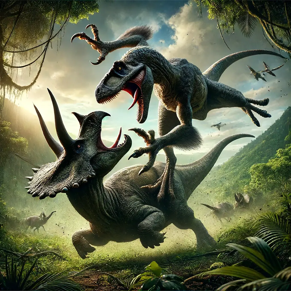 Action scene depicting a Velociraptor hunting a Protoceratops in the Jurassic period.