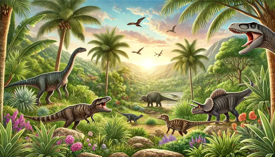 Illustration showcasing the diversity of dinosaurs and plants in the Mesozoic Era