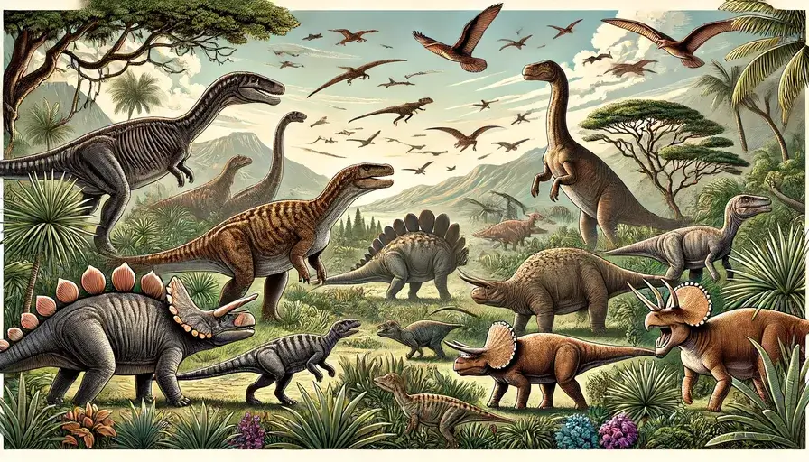 Diverse dinosaurs from the Mesozoic Era in a prehistoric landscape