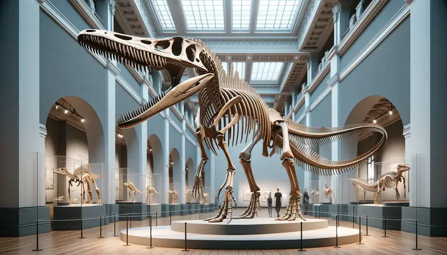 Depiction of a Mosasaur skeleton in a museum setting, highlighting its streamlined body and powerful jaws.