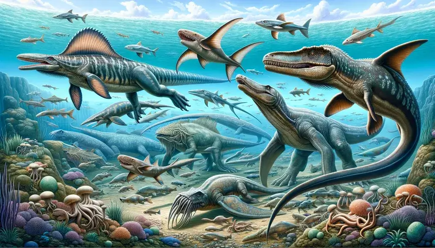 Mosasaurs and Plesiosaurs swimming in a Cretaceous ocean, surrounded by marine life.