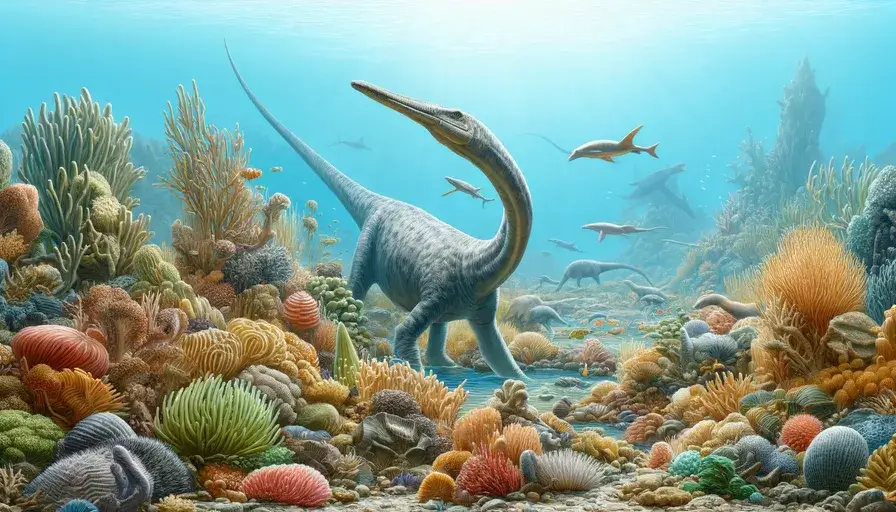 Depiction of a long-necked Plesiosaur hunting in a colorful coral reef, surrounded by marine life.