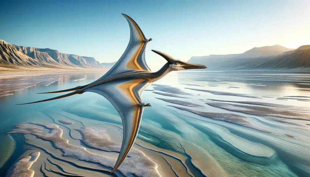 Pteranodon soaring over a shallow sea with a backward-pointing crest and streamlined body.