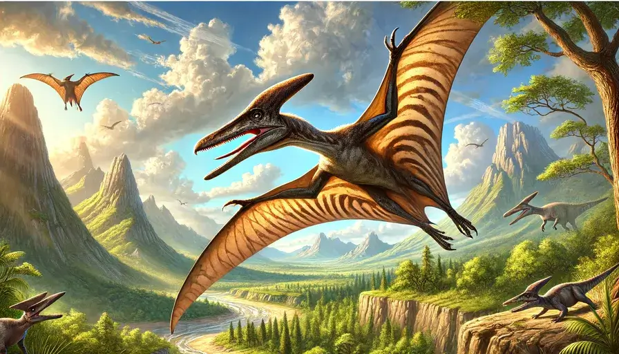 A pterodactyl, a flying reptile from the Mesozoic Era, soaring in the sky