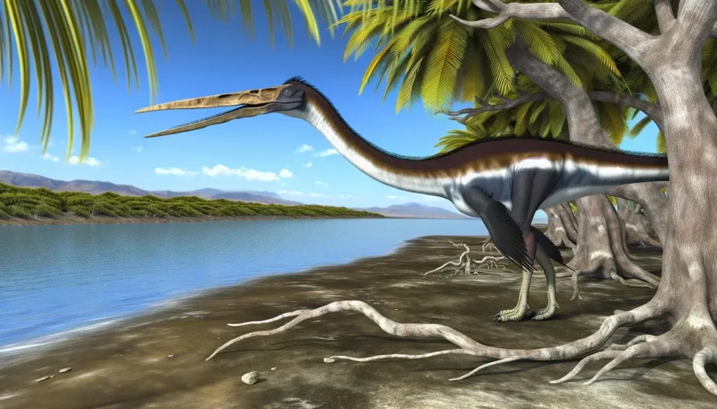 Quetzalcoatlus in a prehistoric environment with a vast wingspan, long neck, and large beak.