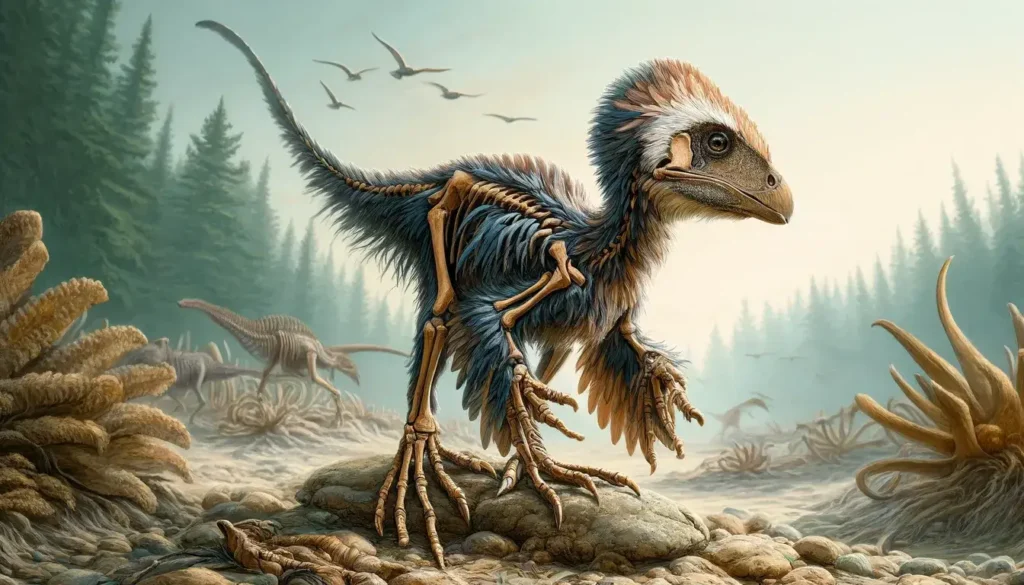 Artistic reconstruction of small feathered theropods in a natural prehistoric environment, highlighting their feather structures and bird-like features.