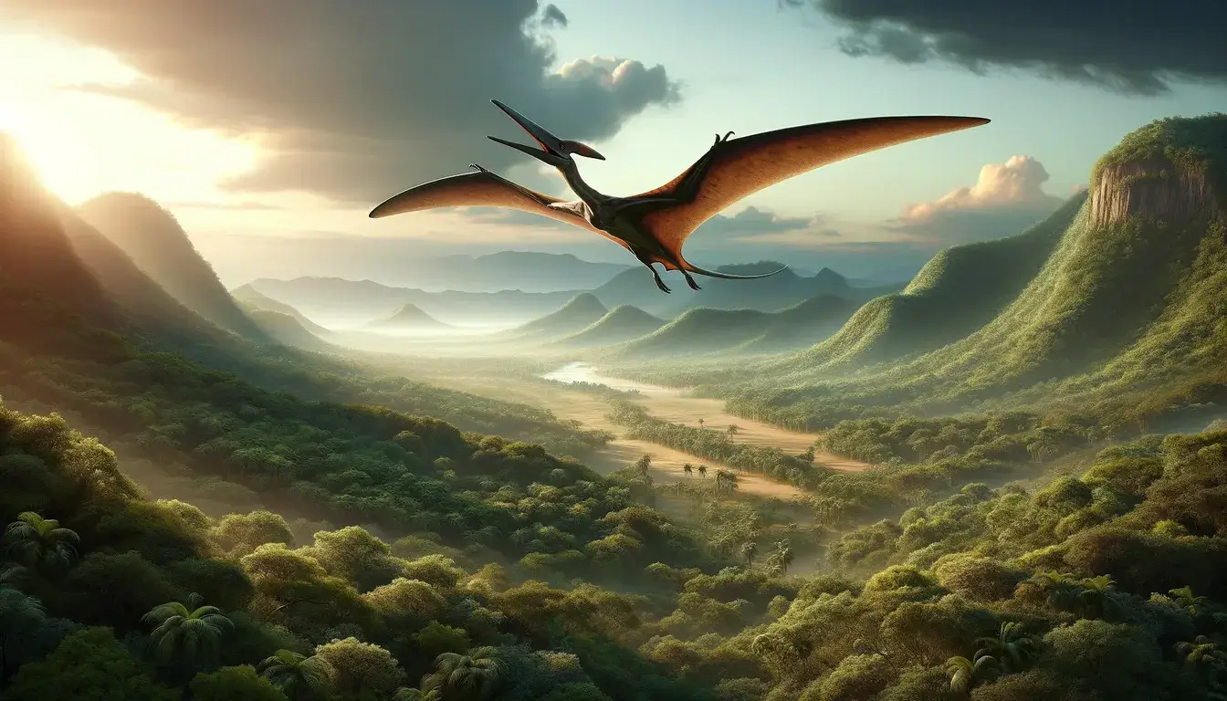 A pterosaur soaring over a lush Cretaceous landscape with dense forests and a clear sky.