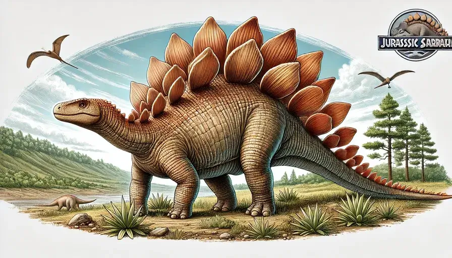 Stegosaurus in a natural setting with its plates prominently displayed.