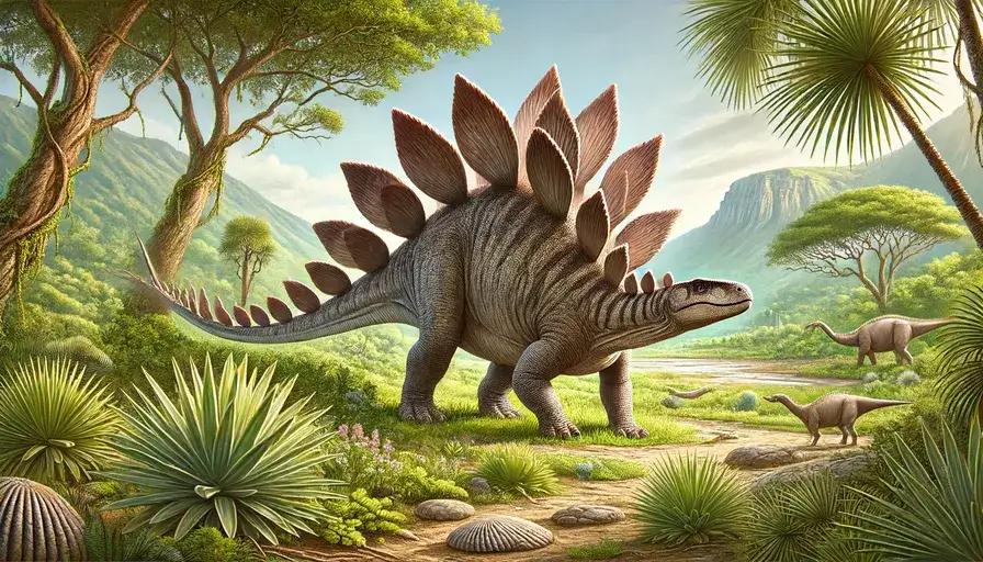 Stegosaurus with prominent plates in a Mesozoic landscape illustration