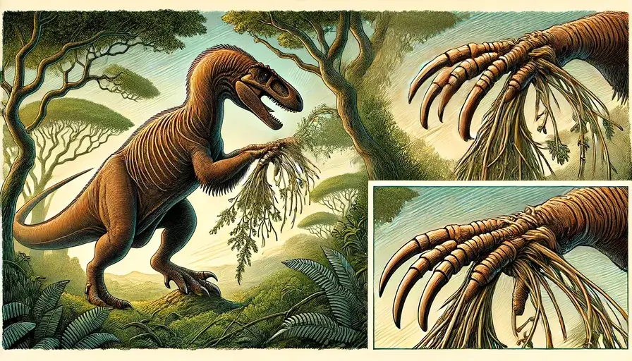 Therizinosaurus using its long claws to pull down branches from a tree