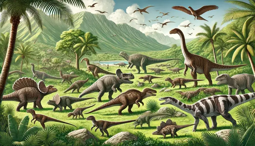 Early dinosaurs and prehistoric animals in a Triassic landscape