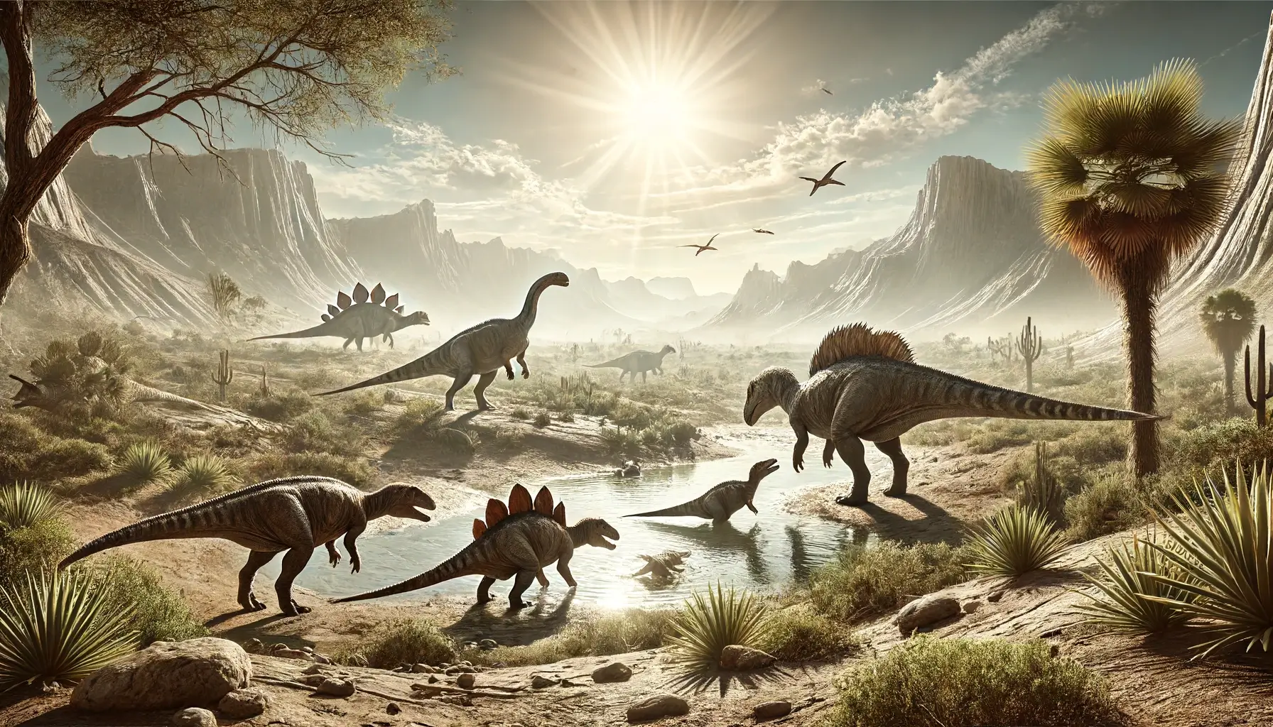 A Triassic period landscape with Coelophysis dinosaurs in a hot and dry climate.