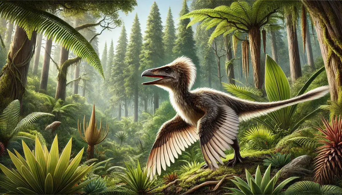 Archaeopteryx perched on tree branch in lush Jurassic forest, displaying feathers, teeth, and clawed wings