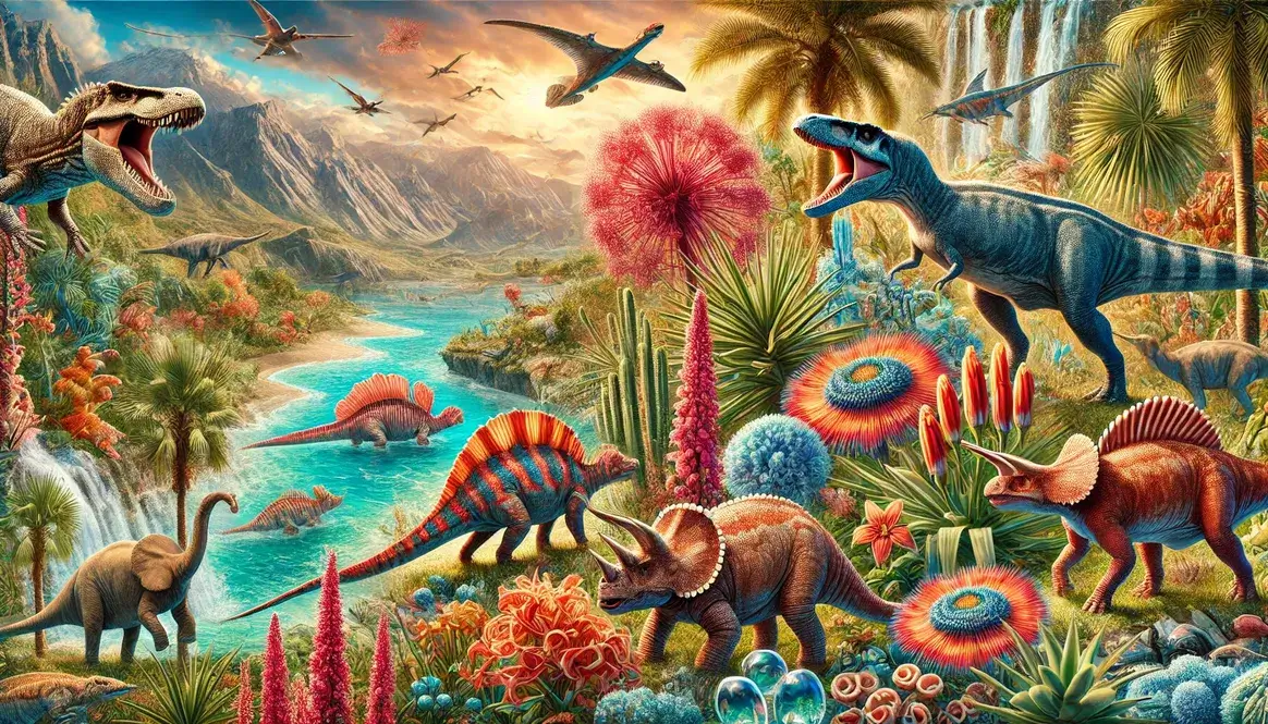 Collage of plants and animals adapted to warm Cretaceous climate conditions