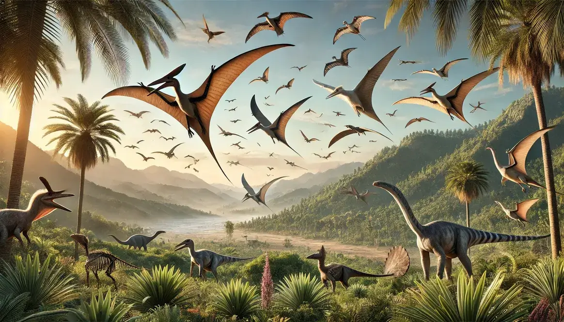 Flying dinosaurs Cretaceous: Pterosaurs and early birds soaring over prehistoric landscape