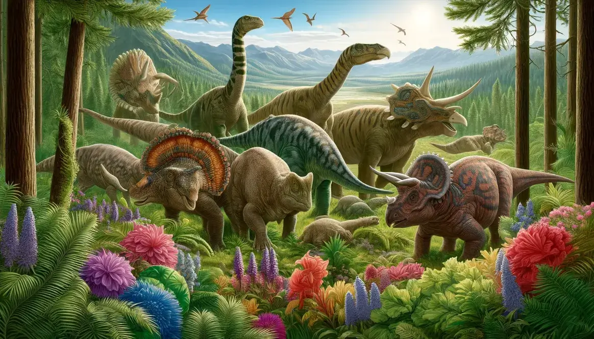 Plant-eating dinosaurs Cretaceous grazing in lush prehistoric forest with flowering plants and conifers