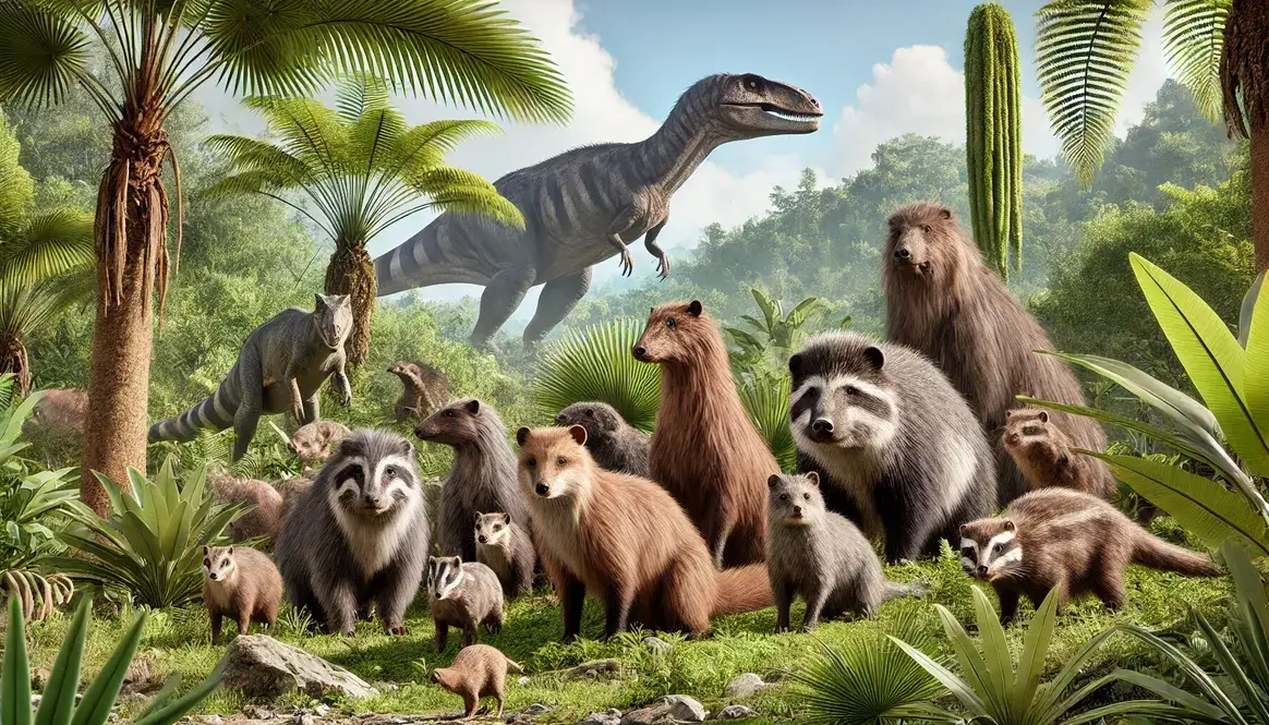 Diverse Cretaceous mammals including multituberculates, metatherians, and eutherians in prehistoric forest setting with dinosaur