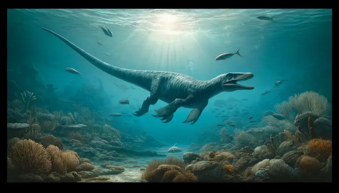 Mosasaur swimming among ammonites and fish in Cretaceous ocean life coral reef